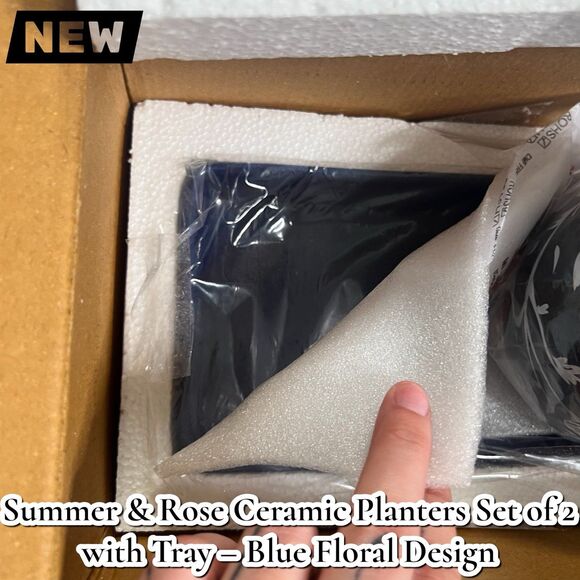 NEW Summer & Rose Ceramic Planters Set of 2 with Tray – Blue Floral Design - Picture 10 of 10